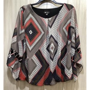 AB STUDIO Women's (Size 2X) Kimono Sleeve Round Neck Lined Geometric Pattern Top